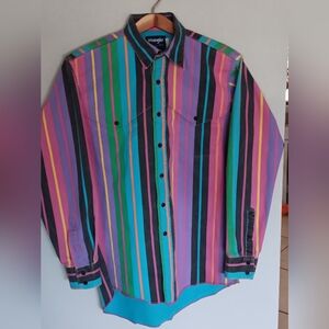 Vintage Wrangler Brushpopper Shirt M Western Rodeo Cowboy Rainbow Striped